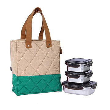 Stainless Steel Container Multipurpose Lunch Box Set for Office, Green, Square-350 ml (2 Container), Rectangle-550 ml (1 Pcs).