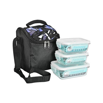 Borosilicate Glass  Rectangle Lunch Box with Black Bag,400 ML & 620 ML, 3 Pcs, Femora.