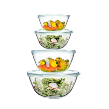 Femora Borosilicate Glass Mixing Bowl with Lid, 4 Pcs Set (400ml, 1050ml, 2100ml & 3600ml), Serving Bowl, Kitchen, Oven & Microwave, Dishwasher and Freezer Safe, Scratch Resistant, Round, Transparent
