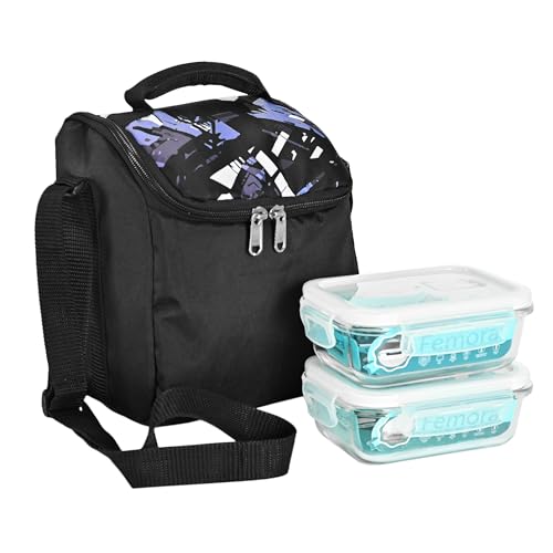 Borosilicate Glass Rectangle Lunch Box with Black Bag, 400 ML, 2 Pcs Femora