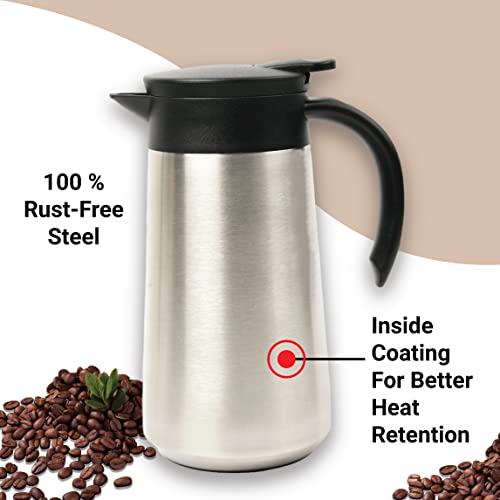Stainless Steel Vacuum Teapot Flask 750ML, Thermosteel Carafe, Hot and Cold Upto 20hrs, Dual Insulation with Cup Shape Lid, Leak and Rust Proof, (Silver)