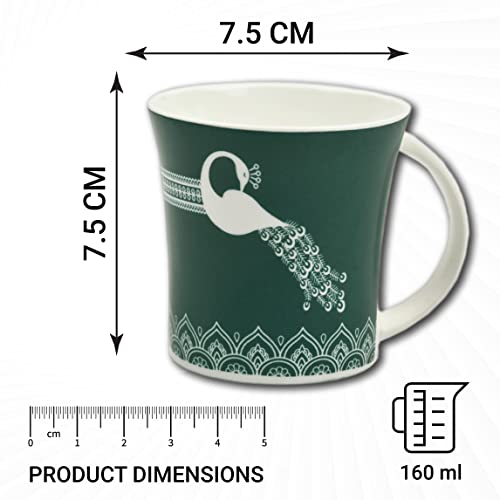 Turquoise Green Royal Peacock Design Coffee & Tea Cup Set of 6, 160 ML, Femora