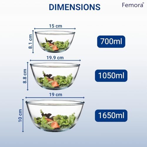 Femora Borosilicate Glass Mixing Bowl with Lid, 3 Pcs Set (700ml, 1050ml & 1650ml), Serving Bowl, Kitchen, Oven & Microwave, Dishwasher and Freezer Safe, Scratch Resistant, Round, Transparent
