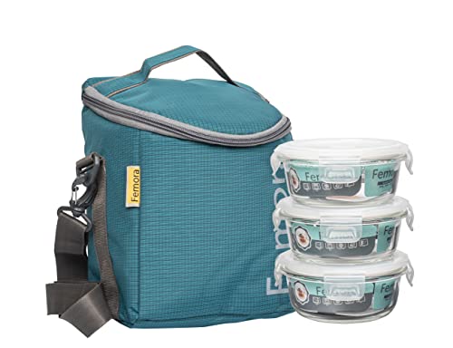 Borosilicate Glass Lunch Box Blue Canvas Bag Femora, 400 ML, 3 Pcs