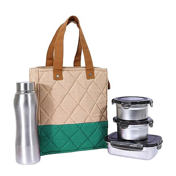 Stainless Steel Container Multipurpose Lunch Box Set for Office, Green, Round-350ml(2 pcs), Rectangle-550ml(1 pcs), Water Bottle-750ml(1 pcs)