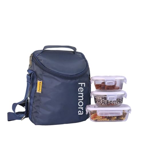 Borosilicate Glass Lunch Box  Blue Canvas Bag Femora, 380, 620 ml, 3 Pcs