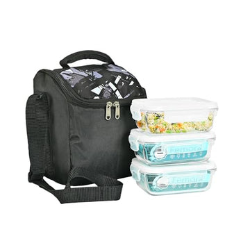 Borosilicate Glass Rectangle Lunch Box with Black Bag, 400 ML, 3 Pcs Femora