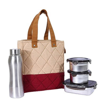 Stainless Steel Container Multipurpose Lunch Box Set for Office, Maroon, Round-350ml(2 pcs), Rectangle-550ml(1 pcs), Water Bottle-750ml(1 pcs)