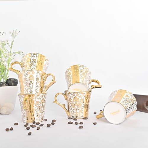 Gold Line Gold Ceramic Coffee Tea Mugs & Cups Set of 6, (180 ml, Golden) Femora