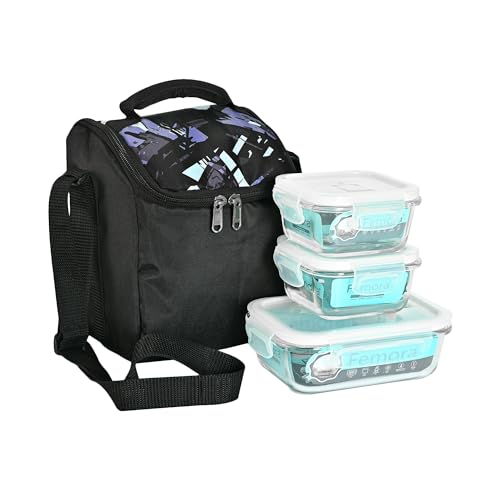 Borosilicate Glass Square & Rectangle Lunch Box with Black Bag,300 ML & 620 ML, Femora