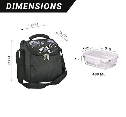 Borosilicate Glass Rectangle Lunch Box with Black Bag, 400 ML, 3 Pcs Femora