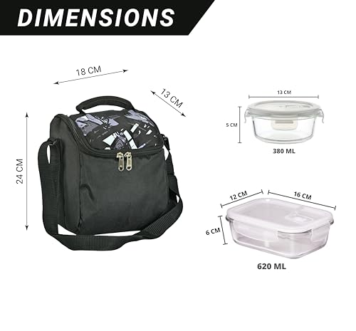Borosilicate Glass Round & Rectangle Lunch Box with Black Bag,380 ML & 620 ML, 3 Pcs, Femora.