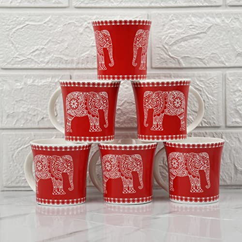 Red Majestic Elephant Design Coffee & Tea Cup Set of 6, 160 ML, Femora