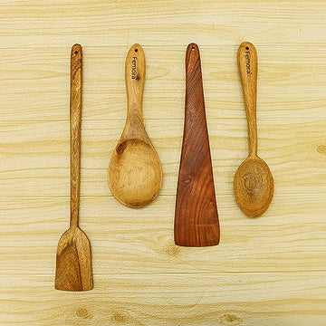 Acacia Wooden Cooking Spoon Set, Dosa & Tawa Turner, Serving Spoon, 4 Pc, Femora
