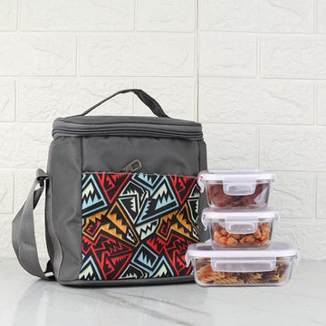 Femora Borosilicate Glass Microwave Safe Container Multipurpose Lunch Box for Office, School, Grey, Squre-300 ml (2 Container), Rectangle-620 ml (1 Container)