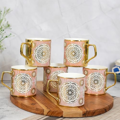 Premium Ceramic Gold Pink Mandala Harmony Coffee & Tea Cup Set of 6, 180 ML, Femora