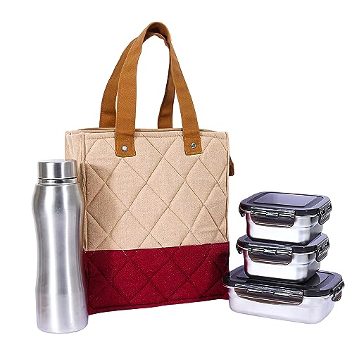 Stainless Steel Container Multipurpose Lunch Box Set for Office, Maroon, Square-350ml(2 pcs), Rectangle-550ml(1 pcs), Water Bottle-750ml(1 pcs)