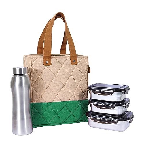 Stainless Steel Container Multipurpose Lunch Box Set for Office, Green, Rectangle-350ml(2 pcs), Rectangle-550ml(1 pcs), Water Bottle-750ml(1 pcs)