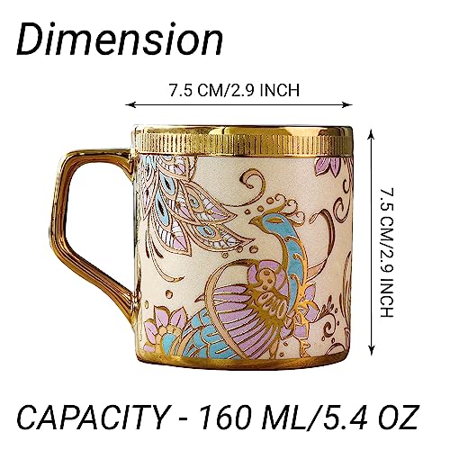 Premium Ceramic Gold Wandering Peacock Coffee & Tea Cup Set of 6, 160 ML, Femora