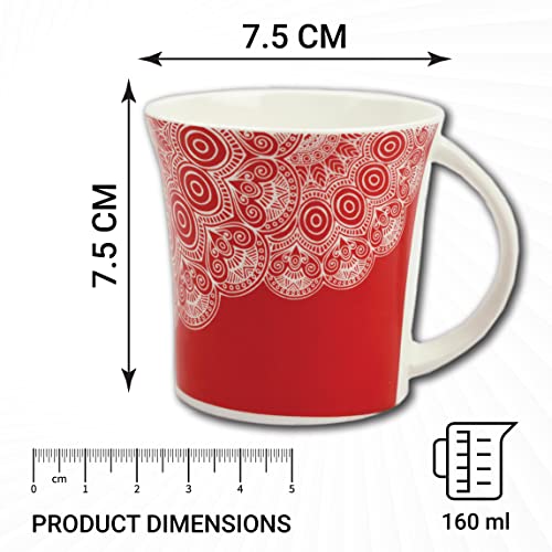 Red Lavish Mandala Design Coffee & Tea Cup Set of 6, 160 ML, Femora