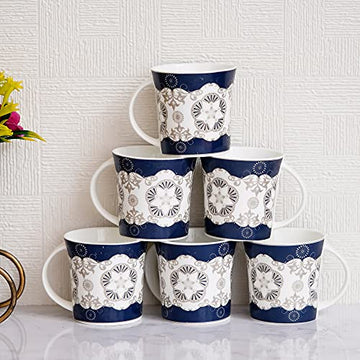 Handcrafted Blue Design Coffee & Tea Cup Set of 6, 160 ML, Femora