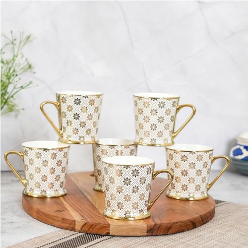 Femora Star Frame Golden Lines Tea Mugs, Ceramic Tea Cups, Coffee Mugs (180 ml, Golden) - 6 Pcs Set (NOT Microwave Safe)