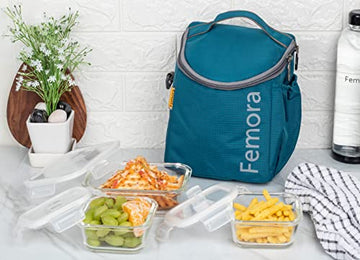 Borosilicate Glass Lunch Box Blue Canvas Bag Femora, 300 ML, 620 ML, 3 Pcs