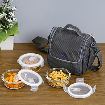 Borosilicate Glass Lunch Box Black Canvas Bag Femora, 380 ML, 3 Pcs
