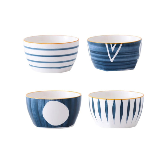 Femora 350ml Ceramic Bowl Set of 4 – Microwave & Dishwasher Safe, BPA & Lead-Free Dinner Bowls for Snacks, Rice, Dal, Fruits, Salad | Elegant White & Blue Serving Bowls, Gift-Pack Ideal for Gifting