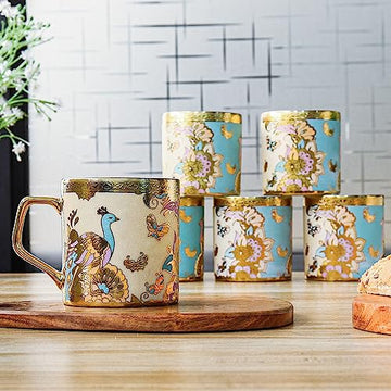 Femora Ceramic Butterfly & Peacock Green Tea Cup, Tea Mugs, Ceramic Tea Cups, Coffee Mugs (180 ml, Golden) - 6 Pcs Set