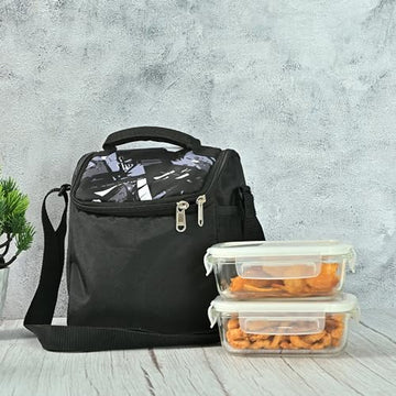 Borosilicate Glass Rectangle Lunch Box with Black Bag, 400 ML, 2 Pcs Femora