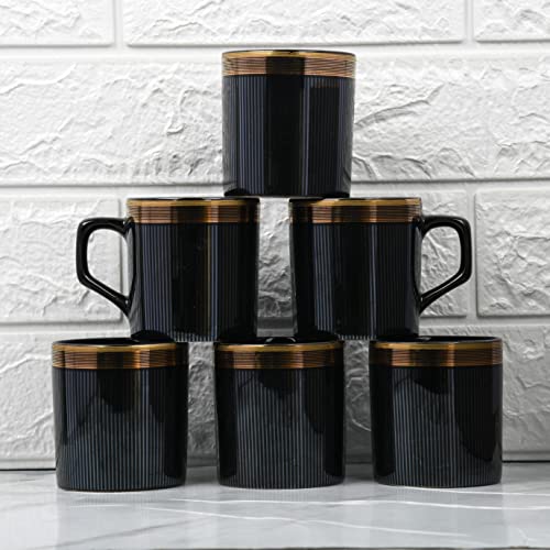 Ceramic Glitter Line Pattern with Golden Finish Tea Cup Set of 6, 180 ML, Femora