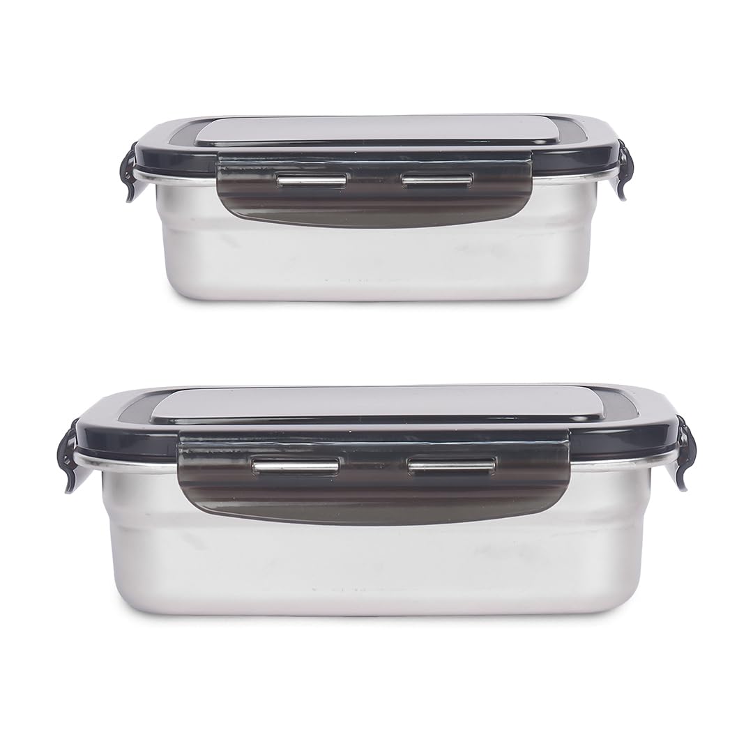 Femora Lunch Box High Steel Rectangle Heavy Duty Airtight Leakproof Unbreakable Storage Container, Lunch Box - 1850 ml/ 62 Oz, 1300 ml/ 44 Oz, Set of 2
