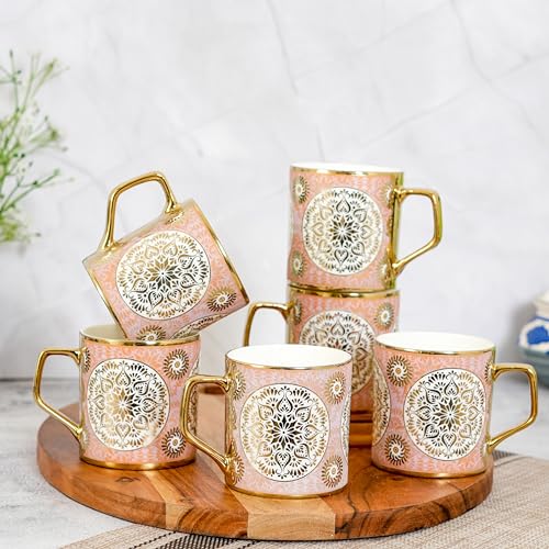Femora Gold Pink Mandala Harmony Tea Mugs, Ceramic Tea Cups, Coffee Mugs (180 ml, Golden) - 6 Pcs Set (NOT Microwave Safe)