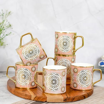 Femora Gold Pink Mandala Harmony Tea Mugs, Ceramic Tea Cups, Coffee Mugs (180 ml, Golden) - 6 Pcs Set (NOT Microwave Safe)