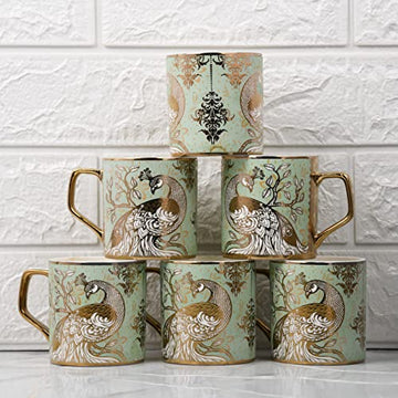 Premium Ceramic Peacock Motif with Leaves Pattern Coffee & Tea Cup Set of 6, 180 ML, Femora