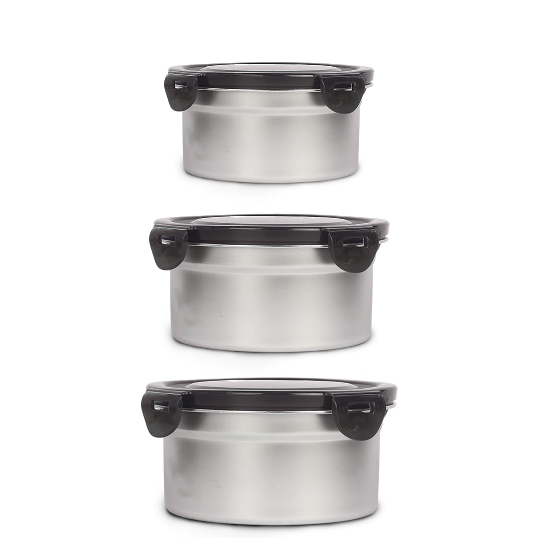 Femora Lunch Box High Steel Round Heavy Duty Airtight Leakproof Unbreakable Storage Container with Lock Lid Lunch Box - 350 ml/ 12 Oz, 550 ml/ 18 Oz, 850 ml/ 28 Oz, Set of 3