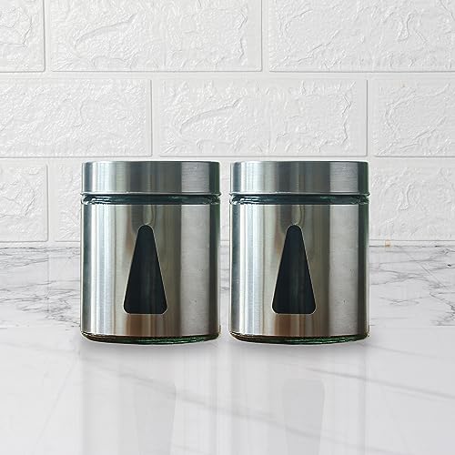 Femora Steel Jar for Kitchen Storage with Triangle Glass Window and Stainless Steel Cover, 1300 ml, Free Replacement of Lids