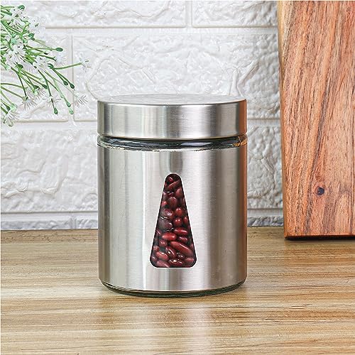 Carbon Steel Jar for Kitchen Storage with Clear Glass Window and Carbon Steel Lid, One Year Replacement warranty on Lids Capacity 1000ml