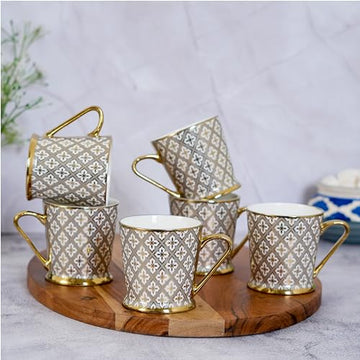 Femora Gold Glass Mosaic Tea Mugs, Ceramic Tea Cups, Coffee Mugs (180 ml, Golden) - 6 Pcs Set (NOT Microwave Safe)