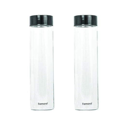 Femora Borosilicate Glass Water Bottle Durability and Elegance Combined, 1000ML(2 Pc Set) (Black Lid)