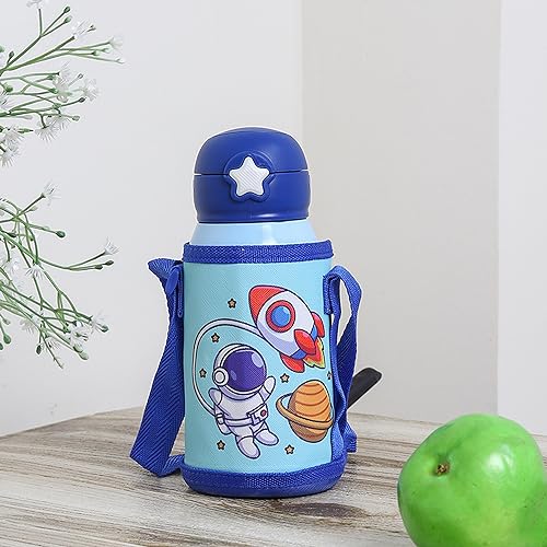 Kids Galaxy World Water Hot & Cold Thermosteel Water Bottle for Kids Double Walled Vacuum Insulated Stainless Steel Bottle with Bag (550 Ml) (Blue)