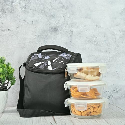 Borosilicate Glass  Round Lunch Box with Black Bag,380 ML, 3 Pcs, Femora.