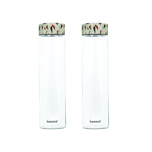 Femora Borosilicate Glass Water Bottle Durability and Elegance Combined, 1000ML(2 Pc Set) (Dot Marble)
