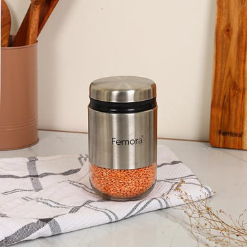 Steel Jar for Kitchen Storage with Clear Glass Window and Stainless Steel Lid, 550 ml, Free Replacement of Lids