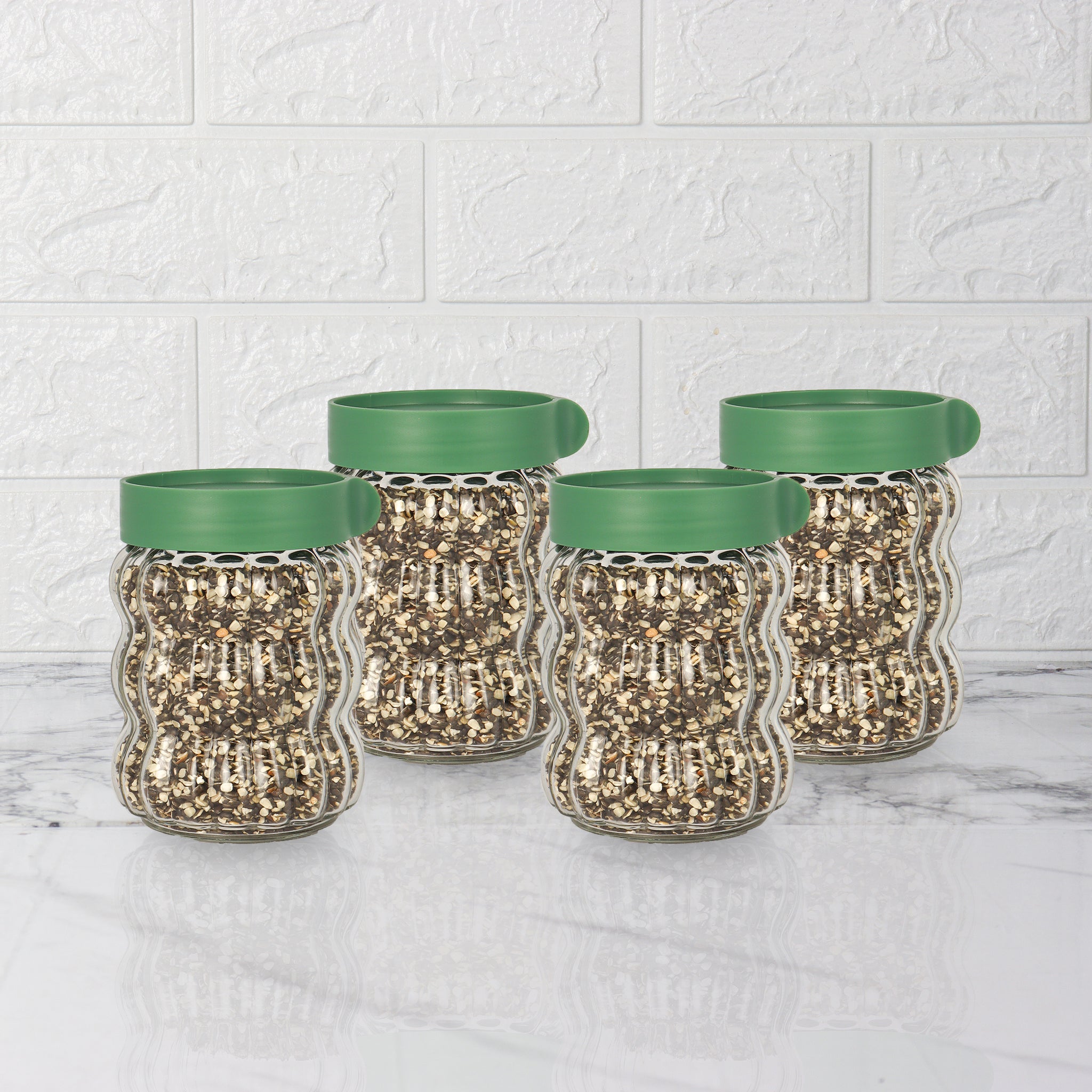 Femora Clear Body Jar with Green Lid - 500 ML, Set Of 4, Free Replacement of Lids