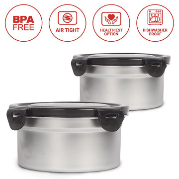 Femora Lunch Box High Steel Round Heavy Duty Airtight Leakproof Unbreakable Storage Container, Lunch Box - 850 ml/ 28 Oz, 350 ml/ 12 Oz, Set of 2
