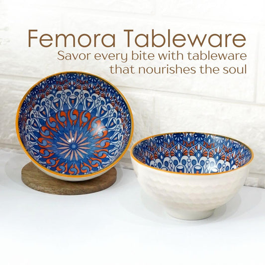 Femora Porcelain Bowl Set of 2 - Dazzling Starburst Pattern, Microwave & Dishwasher Safe, Lead-Free | Versatile Dinner & Serving Bowls, Ideal for Gifting