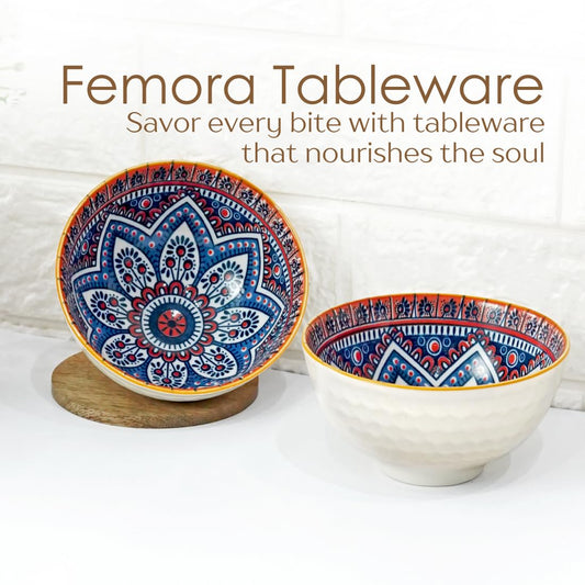 Femora Porcelain Bowl Set of 2 - Exquisite Mandala Motif Design, Microwave & Dishwasher Safe, Lead-Free | Versatile Dinner & Serving Bowls, Perfect for Gifting
