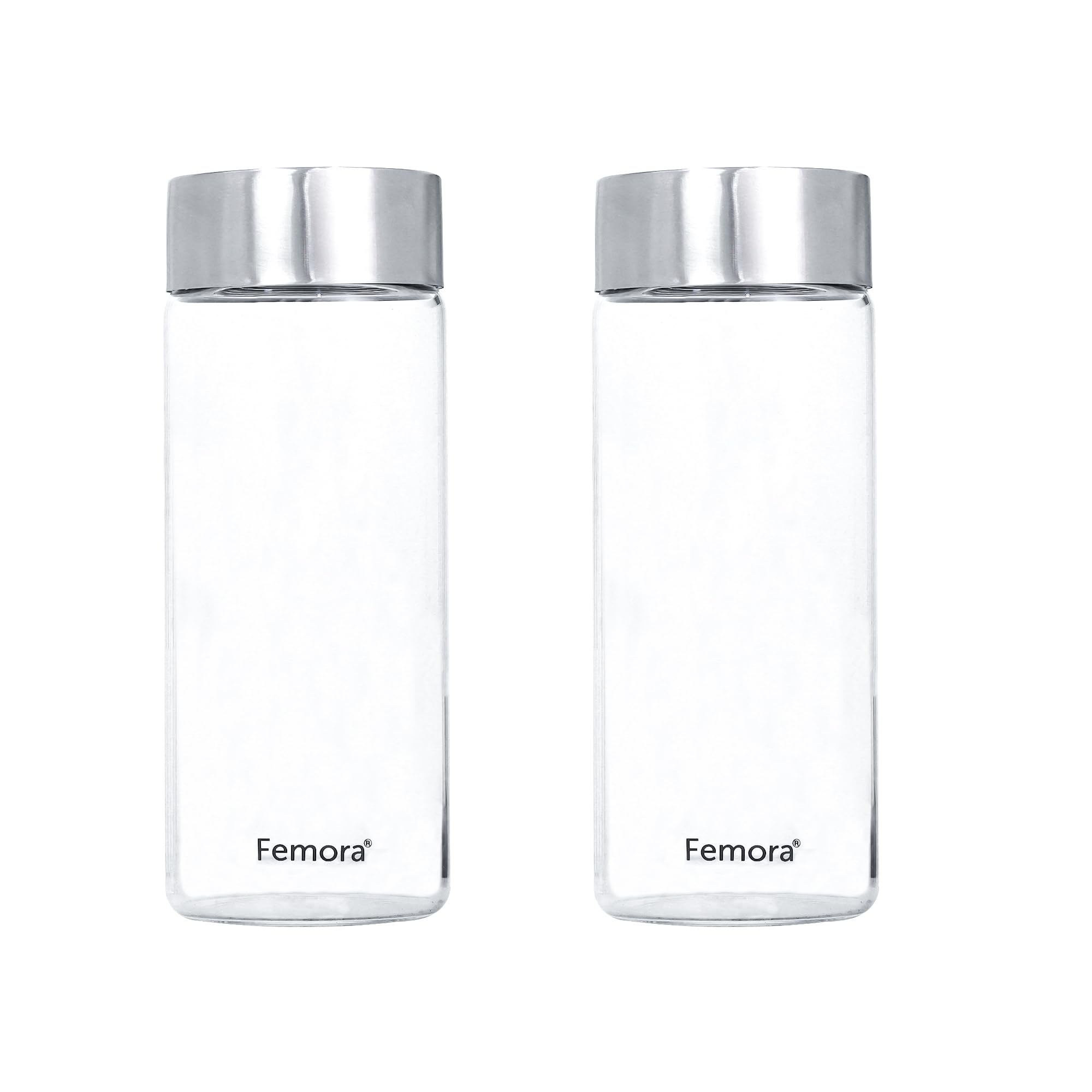 Borosilicate Glass Water Bottle With Stainless Steel Lid, 500 ML, 2 Pcs, Femora